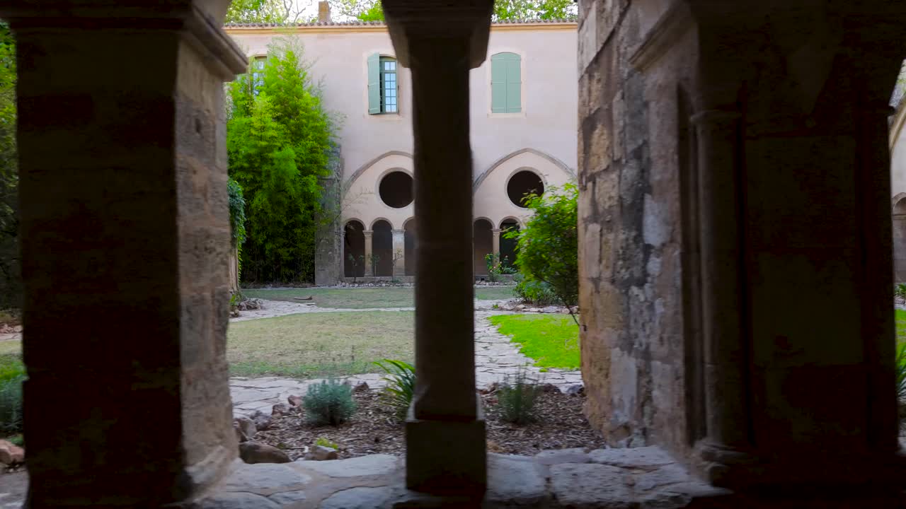 Exterior view of garden in central area of a medieval french abbey.