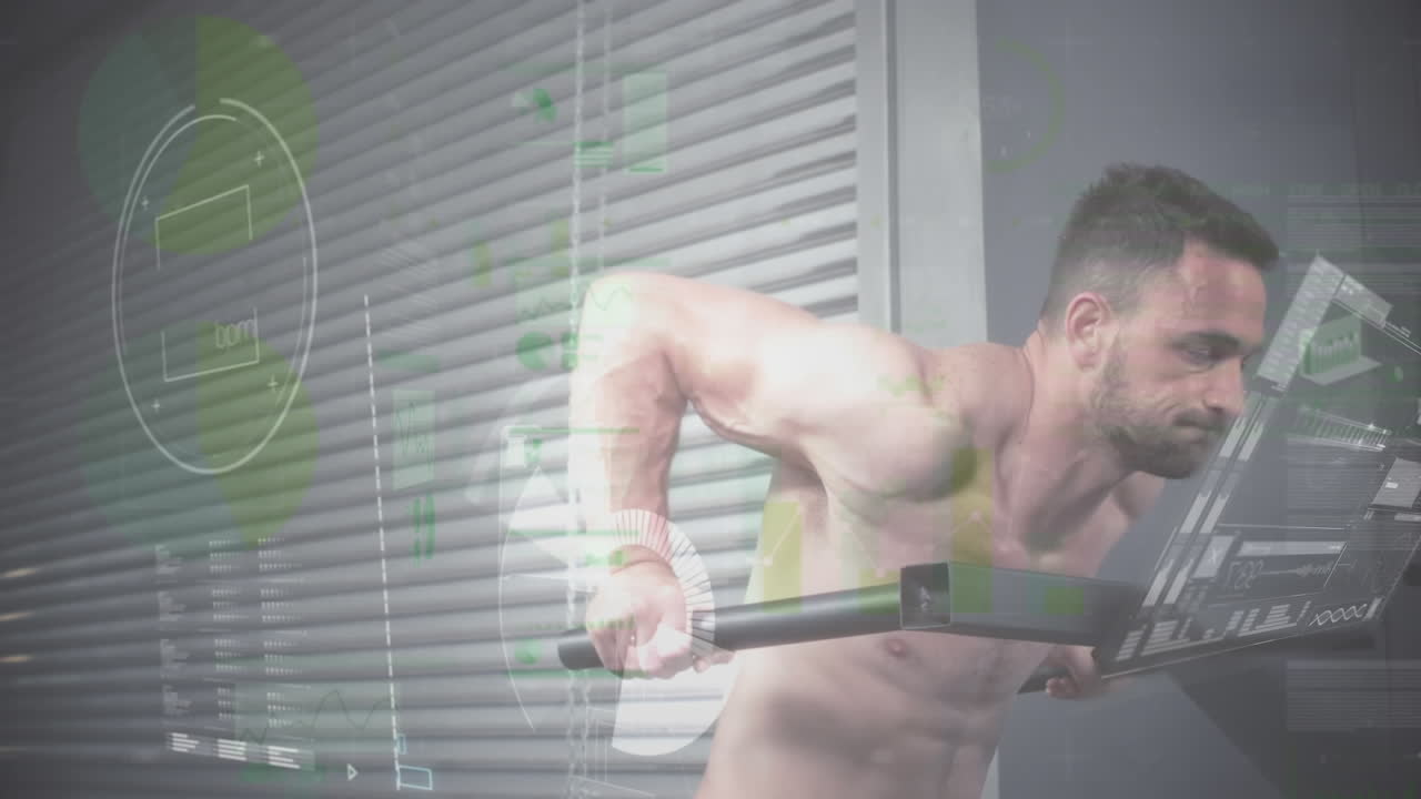 체육관 장비로 운동하는 강한 남자에 대한 데이터 처리 애니메이션