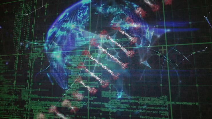 Animation of dna strand, network of connections over globe and grid