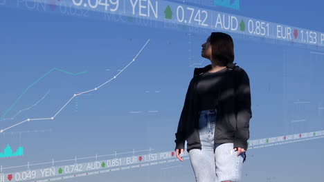 casual woman look behind her at digitally superimposed stock market price developments using graphs, diagrams and numbers