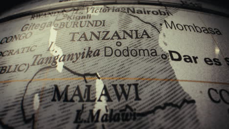close-up of a world map focusing on tanzania and malawi