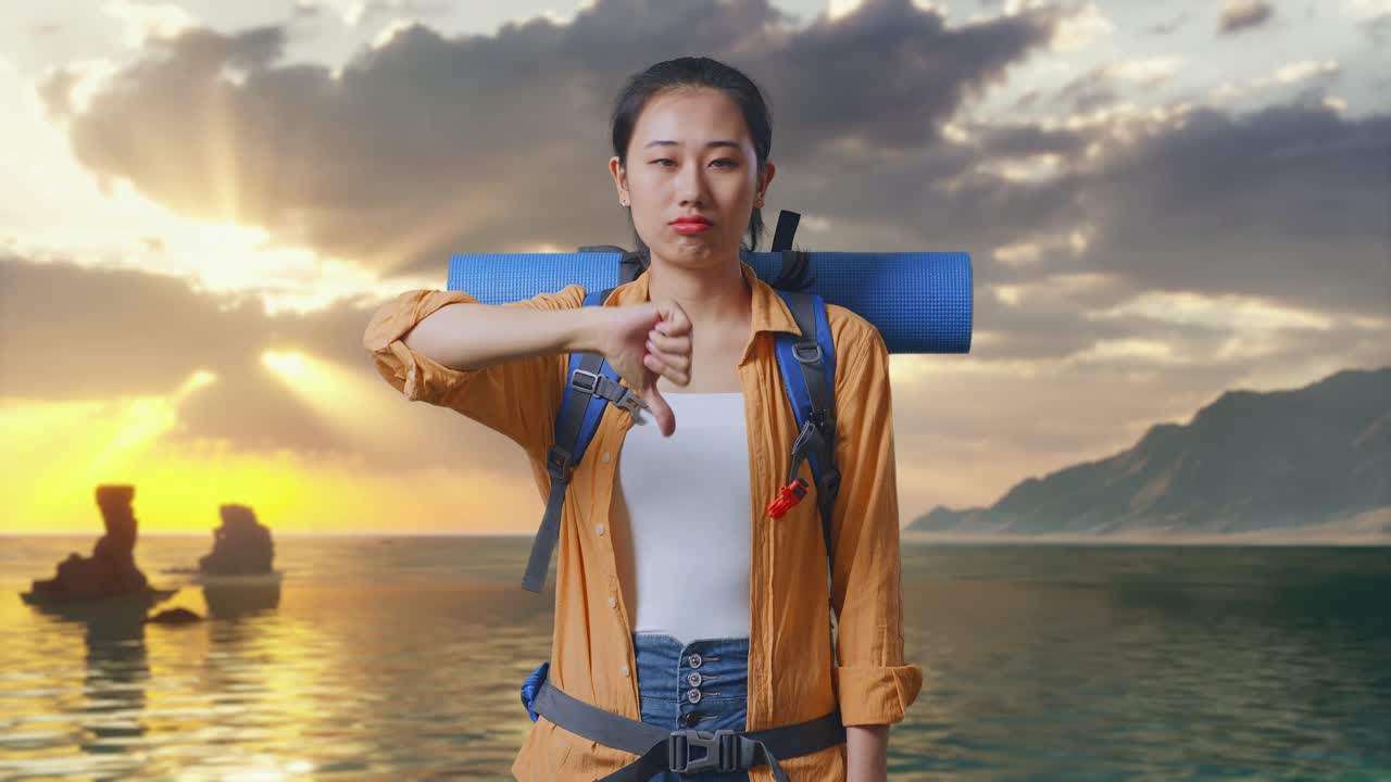 Nữ du khách đi bộ đường dài người châu Á đeo ba lô leo núi, giơ ngón tay cái xuống khi đứng trên bãi biển lúc hoàng hôn