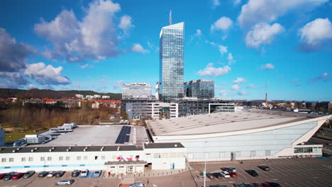 Aerial-shot-of-Business-district-in-Gdansk---Olivia-Business-Center,-OBC