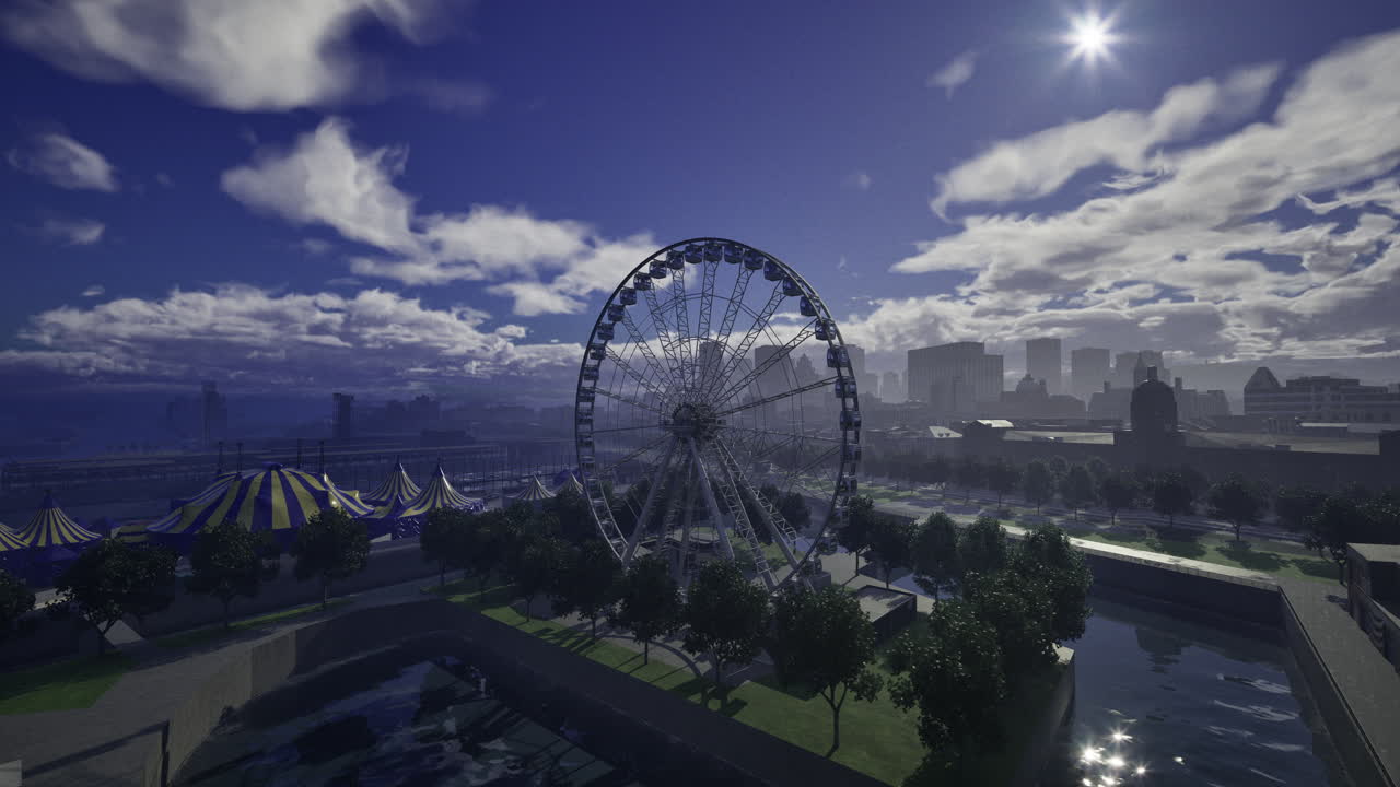 Ferris wheel stands tall against skyline at dusk near waterfront carnival