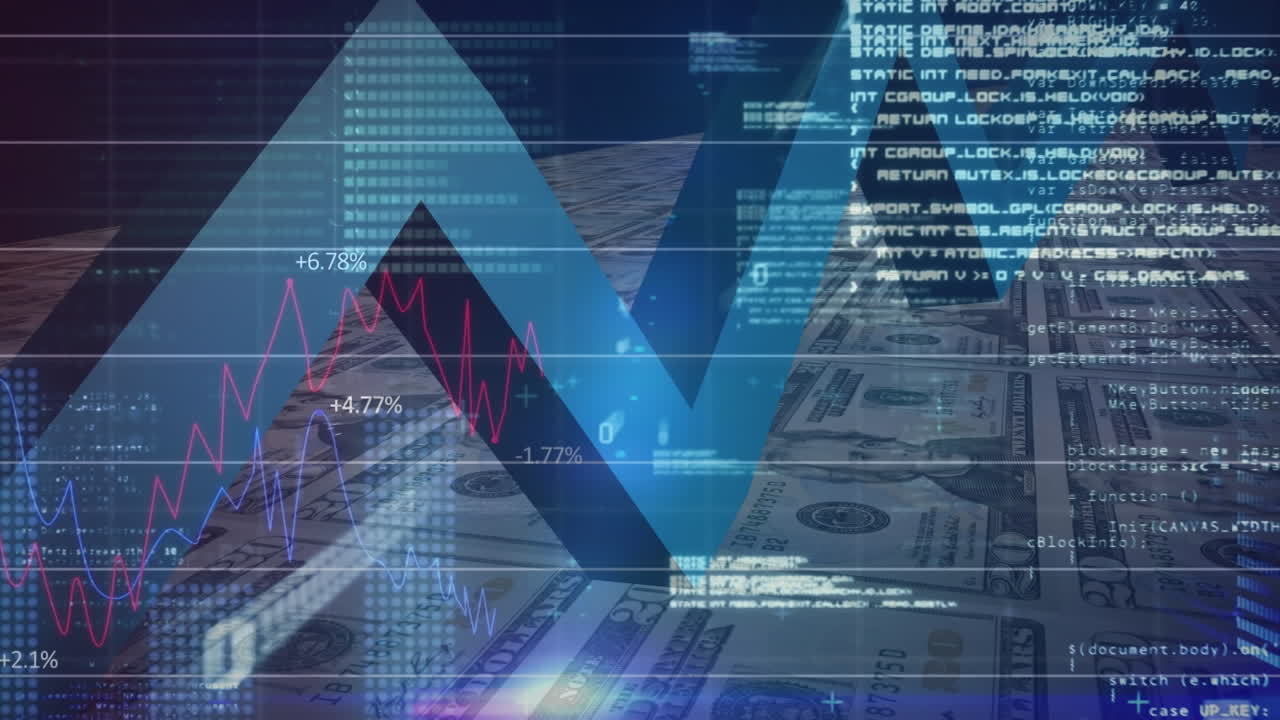 Animation of a stock market display, statistics showing over American dollar bills.