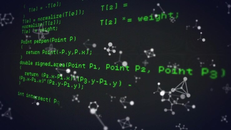 Animation von Formen und Datenverarbeitung auf schwarzem Hintergrund