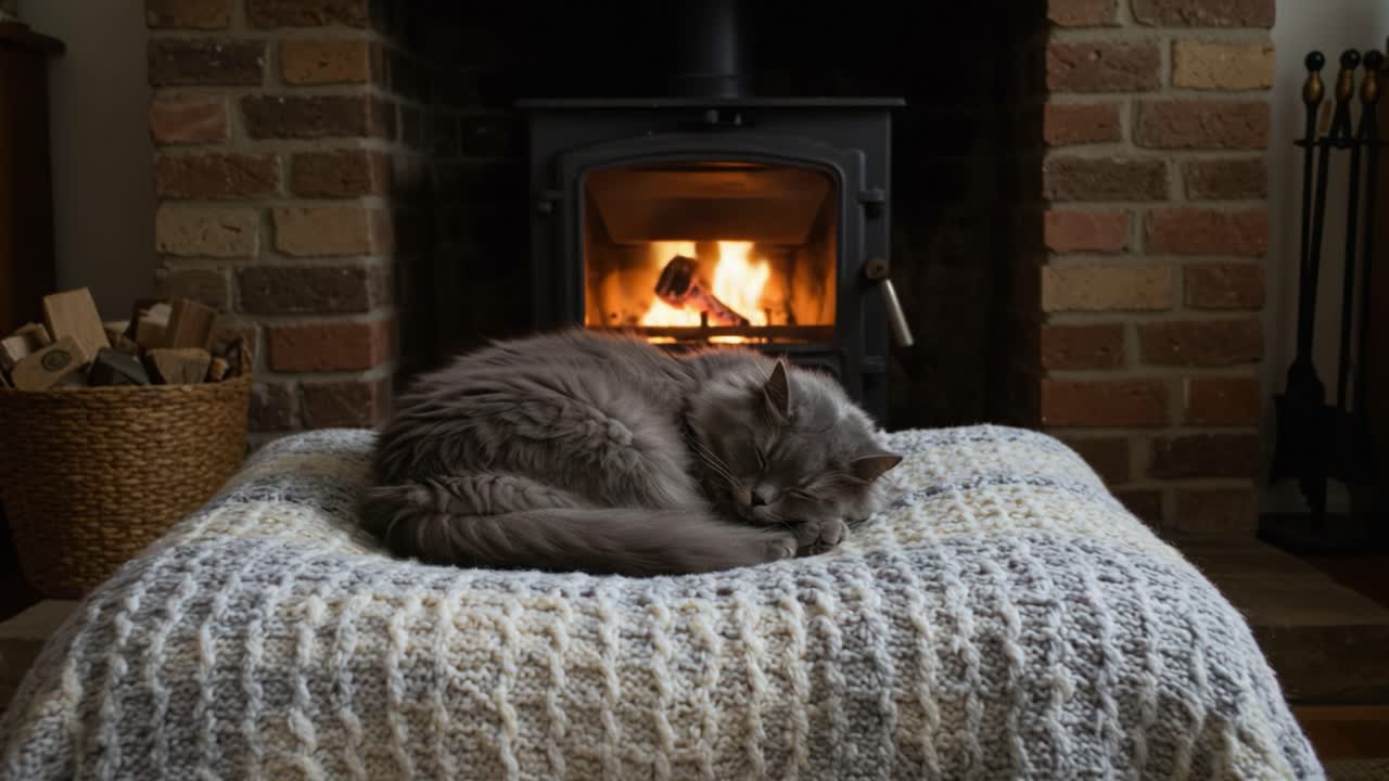 Cozy grey cat sleeping by a warm fireplace with a wood-burning stove