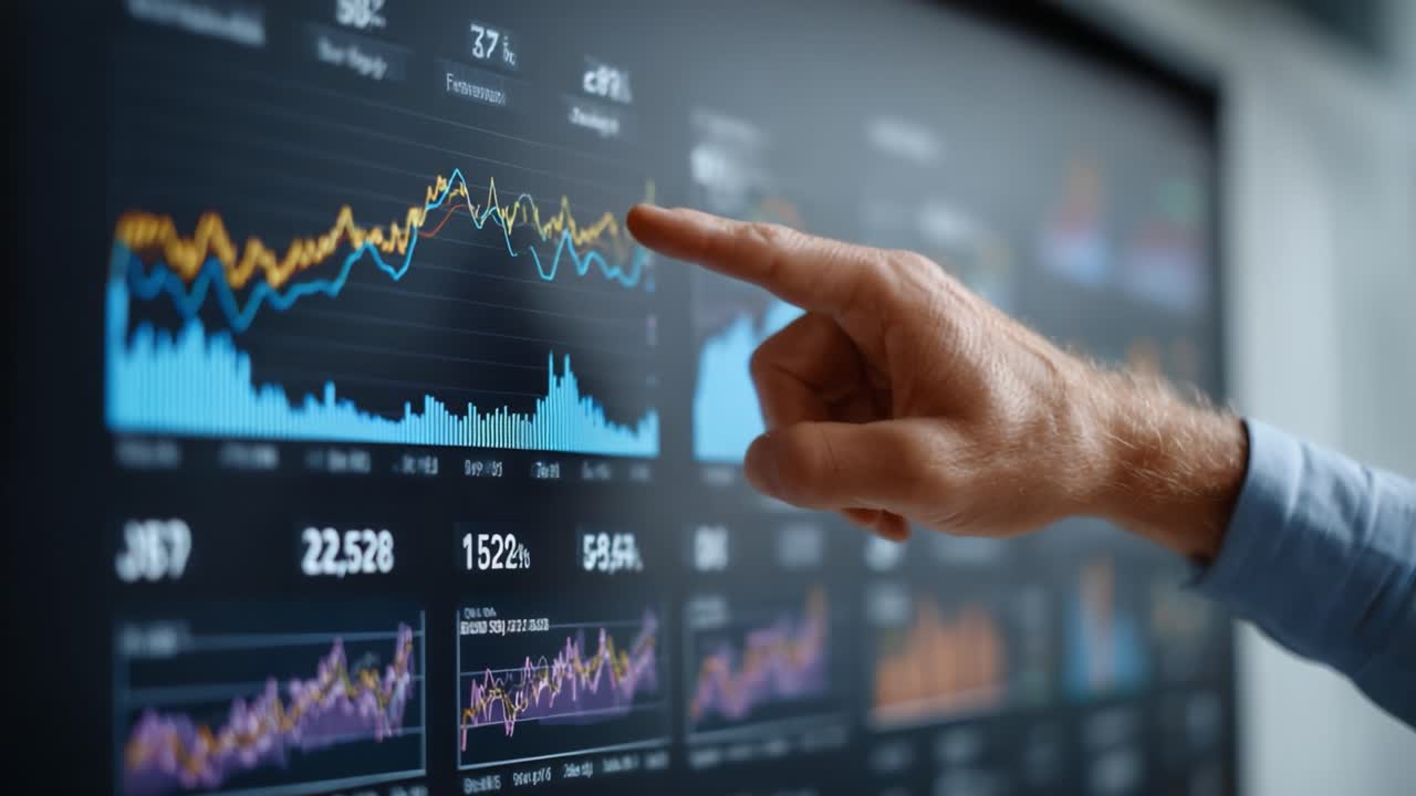 Analisando as tendências de dados: close-up de mãos com visualizações gráficas dinâmicas em uma tela digital em um ambiente financeiro moderno