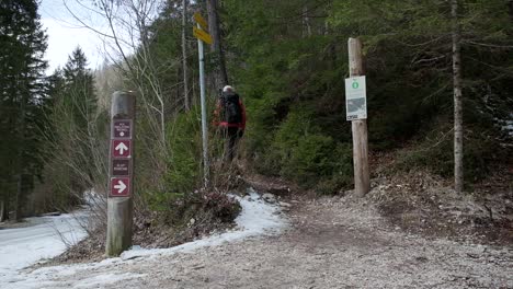 man walking up a hiking trail towards a waterfall with a backpack on and a red jumper