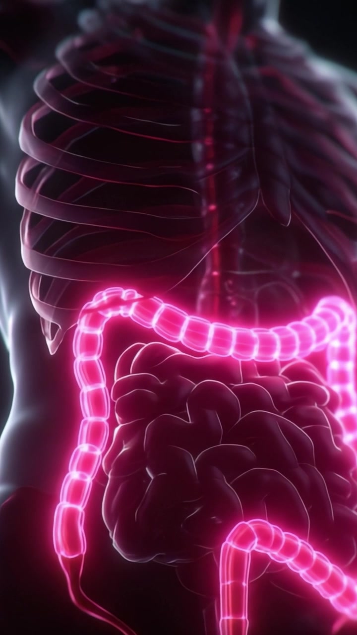 A Detailed Visualization of the Human Digestive System Highlighting the Intestines and Internal Organs with Neon Lighting Effects for Enhanced Clarity