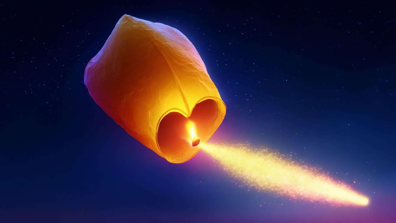 A mesmerizing heart-shaped lantern illuminates the night sky as it gracefully ascends, releasing a sparkling trail of light and magic, captivating all who gaze upon its journey