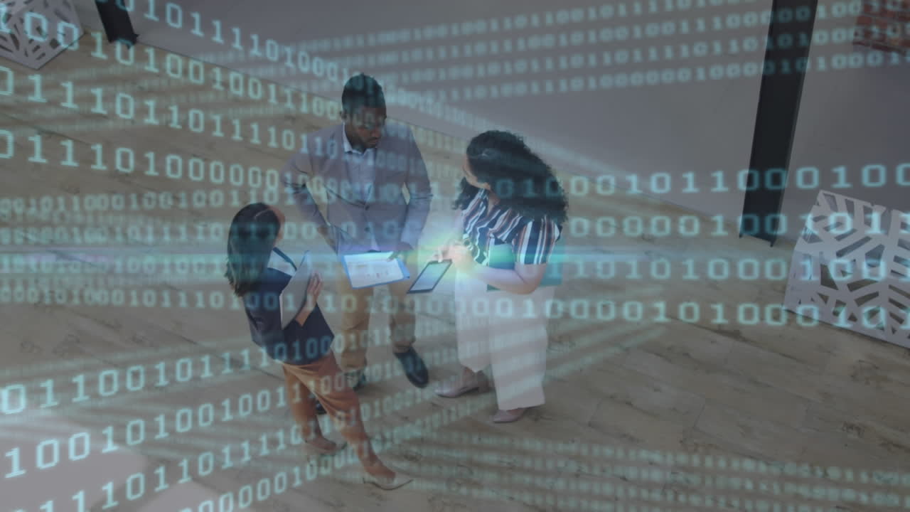 Animation of data processing over diverse business people working at office