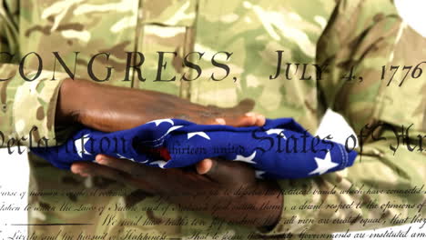 animation of document with text over soldier holding american flag