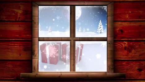 Animation-Von-Fenster-über-Geschenken-Und-Winterlandschaft