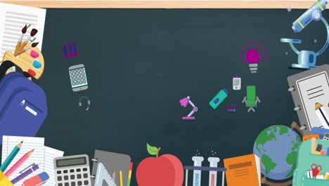 Animation-of-multiple-school-concept-icons-against-copy-space-on-chalkboard