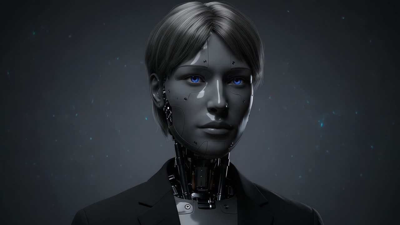 A Stunning Display of Futuristic Robotics: A Hyper-Realistic Android With Striking Blue Eyes and an Elegant Design, Merging Technology and Artistry in a Captivating Portrait