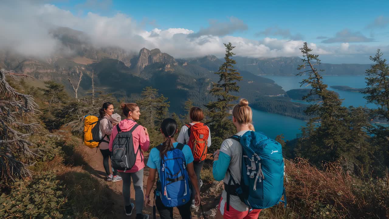 Starting at ridge crest, six hikers walking along ridge trail with daypacks, viewing turquoise lake