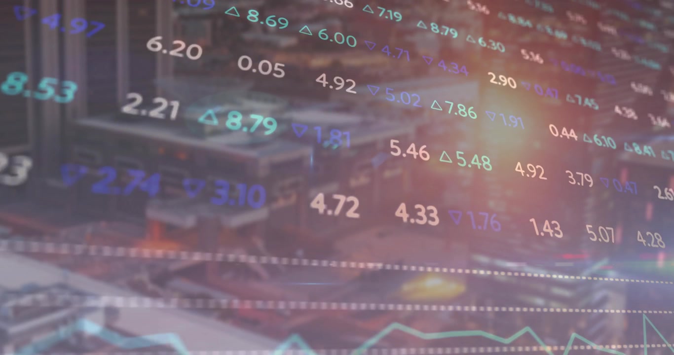 Superposición de datos digitales del mercado de valores sobre un fondo de paisaje urbano