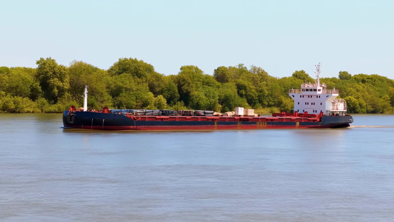 Un buque de carga en vista lateral completa se mueve sobre el agua tranquila del río, dejando una estela sutil y reflejos, mientras que las orillas boscosas, el cielo abierto y la luz diurna brillante crean una tranquila escena de transporte comercial.