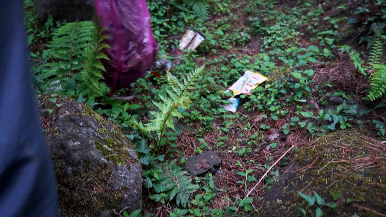 Person Picking Up Garbages all around him during a  Early Morning clean up drive In Manali, Himachal Pradesh India. - Wide Shot