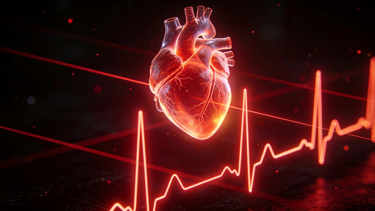 Glowing anatomical heart pulsing and rotating in dark virtual space, syncing with moving ECG peaks