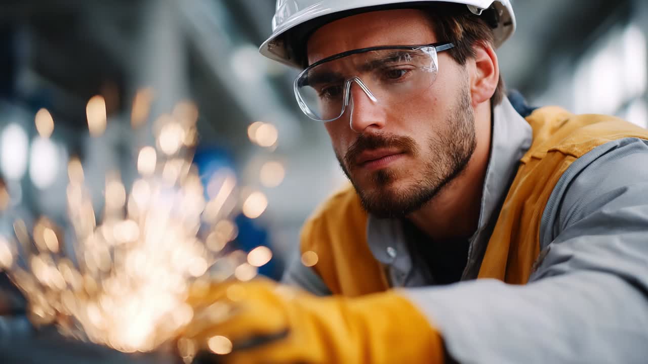 Focused Worker Engaged in Metalworking Process Sparks Flying from Material During Fabrication While Wearing Safety Equipment in Industrial Environment