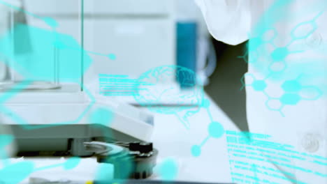 animación del procesamiento de datos científicos sobre un científico caucásico en el laboratorio.