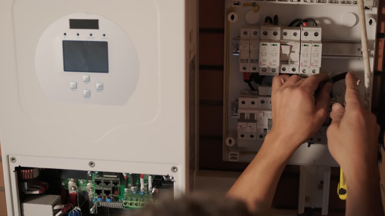 un electricista instalando un inversor en un hogar. la imagen muestra habilidad técnica, herramientas modernas y atención a la seguridad en el trabajo eléctrico