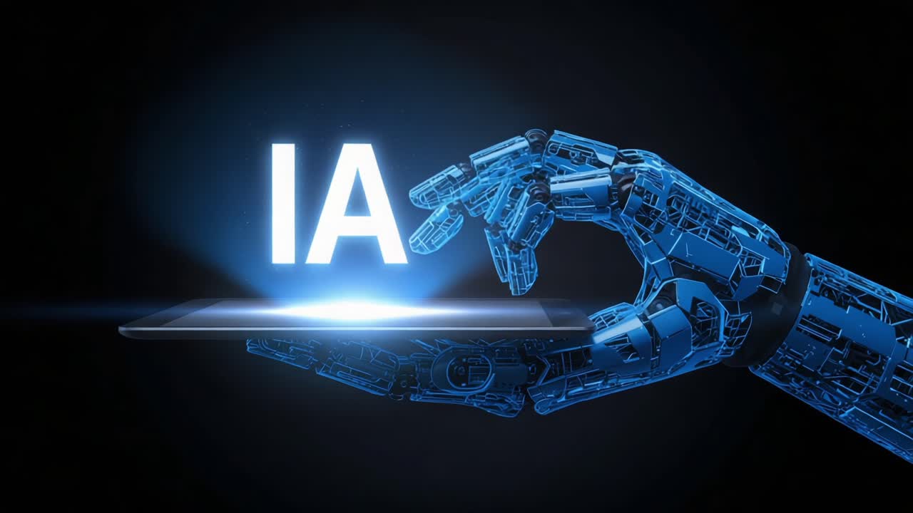 A Futuristic Robotic Hand Interacting with a Digital Screen, Highlighting the Concept of Artificial Intelligence Through the Letters 'IA' in a Vivid Display