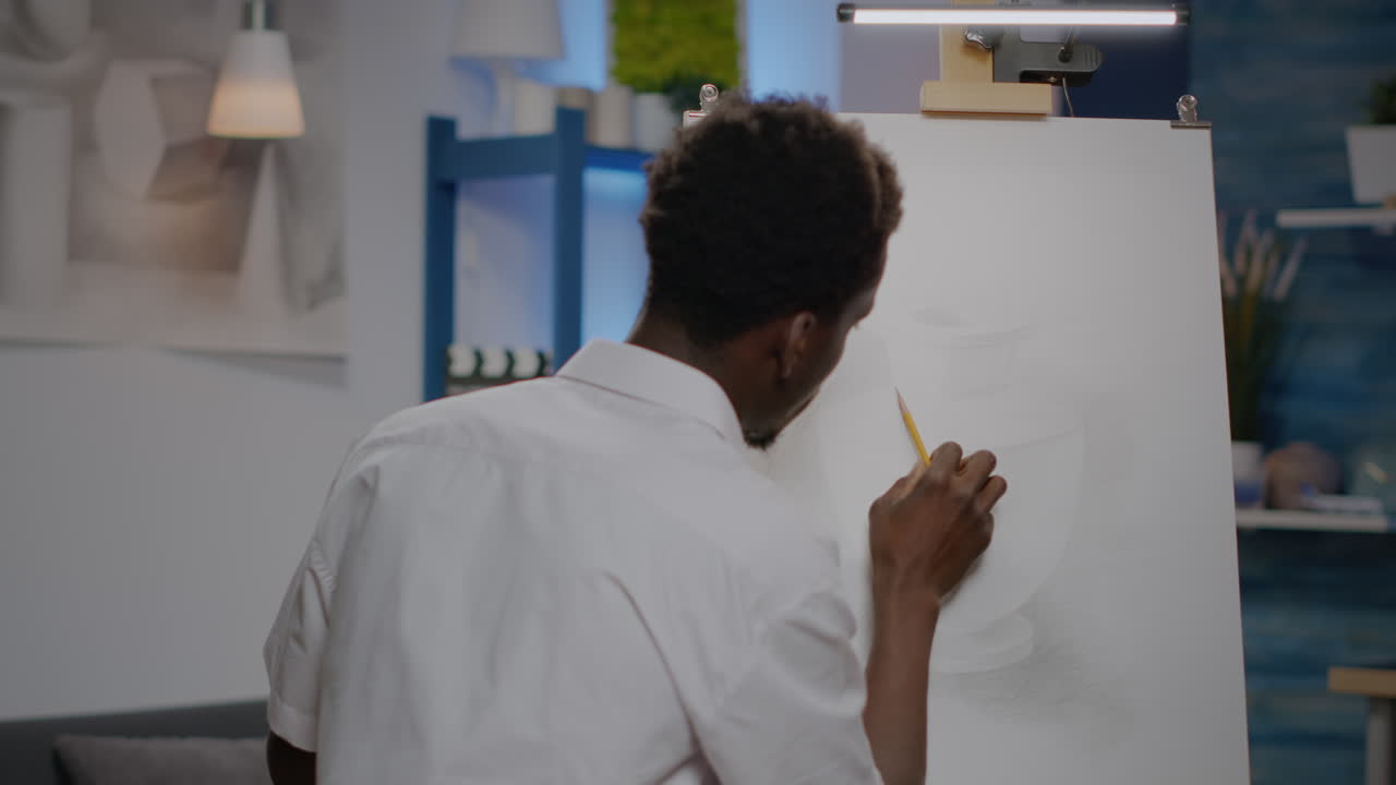 Giovane artista di colore che ritocca il design di un vaso su aree di lavoro e cavalletto