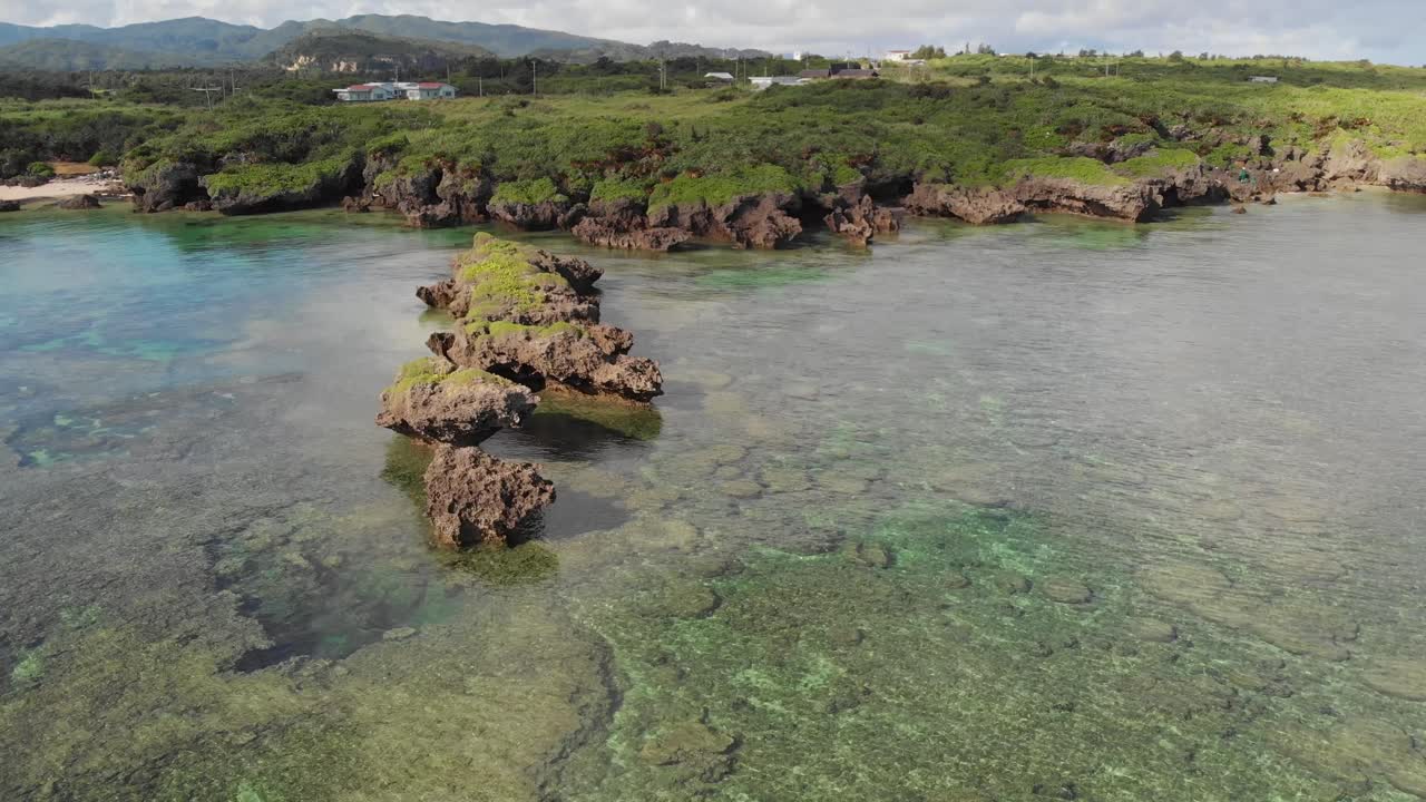 Drone Fly Along Iriomote Island Coastline Coral Beaches, Lush Green Mountains