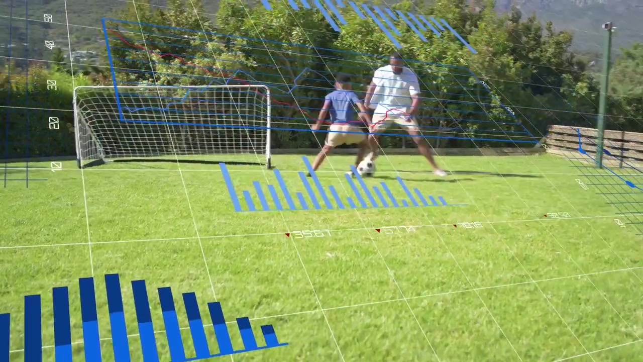 Father and son dribbling on lawn as son challenging, training scoring with sports analytics overlay
