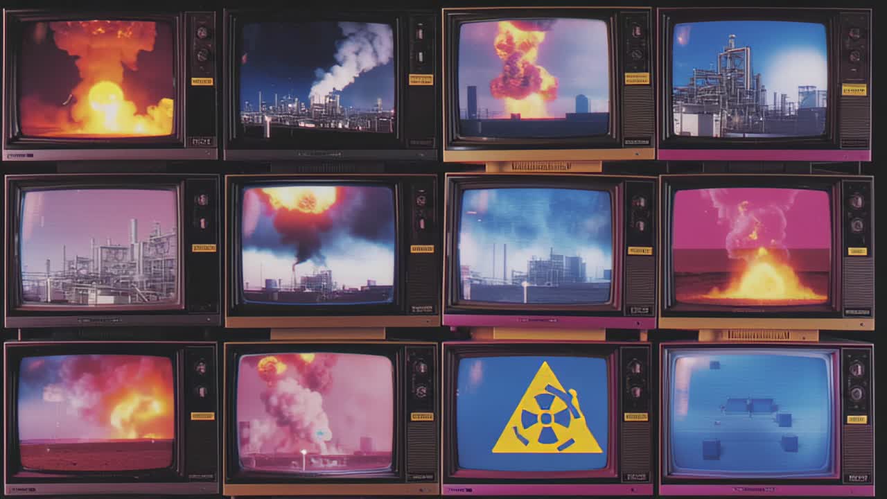 Diversi schermi TV retrò mostrano un'esplosione nucleare, fumo di raffineria e un simbolo di avvertimento radiazioni, creando un collage mediatico distopico su crisi e rischio.