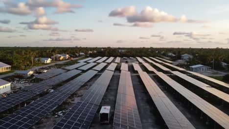 aerial view of vast solar panel installation amidst a scenic landscape at dusk, showcasing renewable energy solutions and sustainable living practices