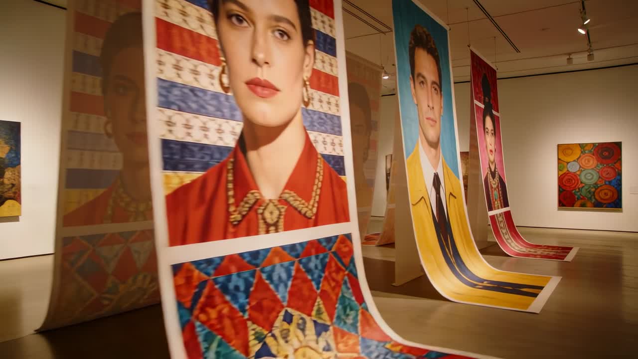 Ein sich nähernder Besucher in roter Jacke filmt im Museum gedruckte Banner mit einem Smartphone und nimmt dabei Gesichter auf.
