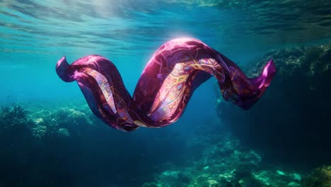 a beautifully flowing fabric undulates gracefully underwater, capturing the play of light and color in a serene aquatic environment