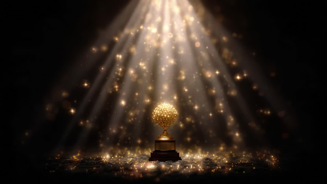 A Radiant Trophy Illuminated by Glimmering Lights and Sparkling Particles, Signifying Exceptional Achievement and Celebration in a Magical Setting