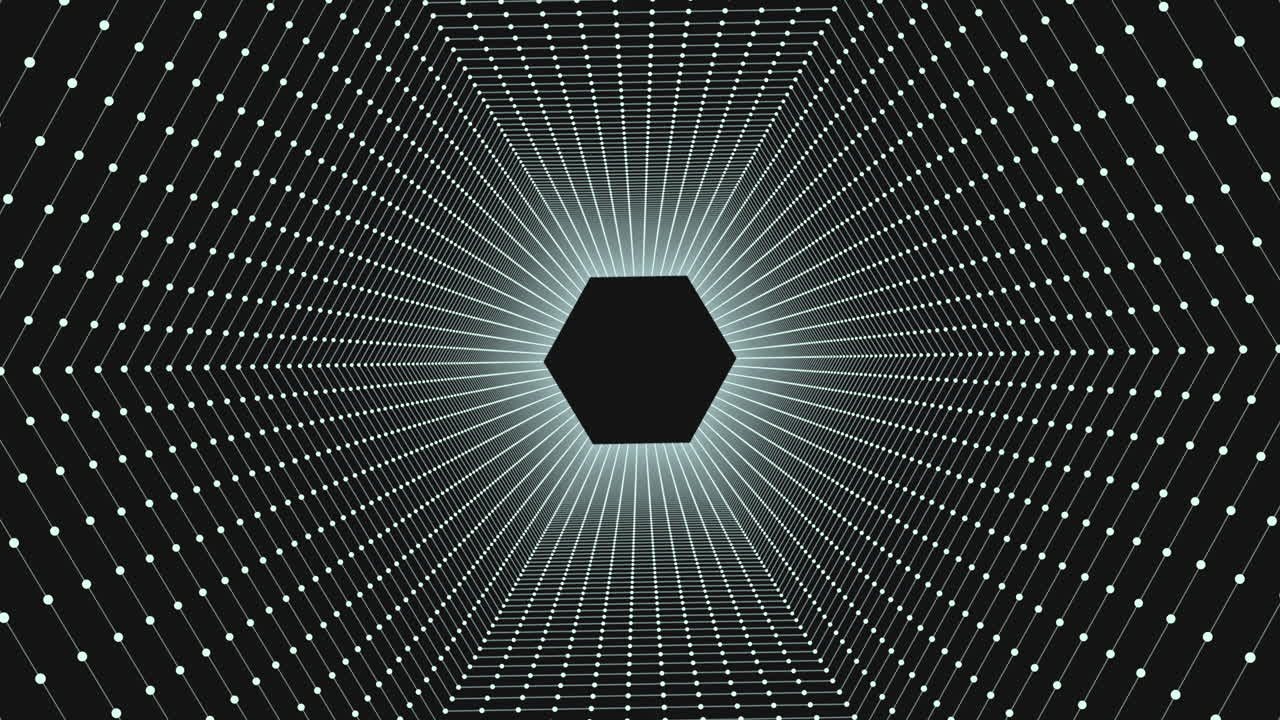 hexágonos abstractos de arco iris girando en un agujero oscuro con puntos de neón en el gradiente negro