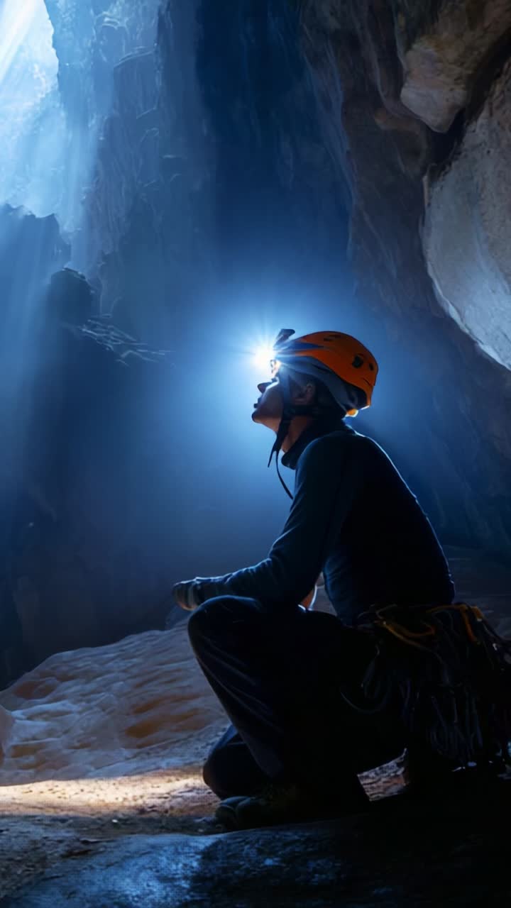 A Caver in Awe: Exploring the Mysterious Depths with a Headlamp, Captivated by the Spectacular Light Filtering Through the Cave Opening Above