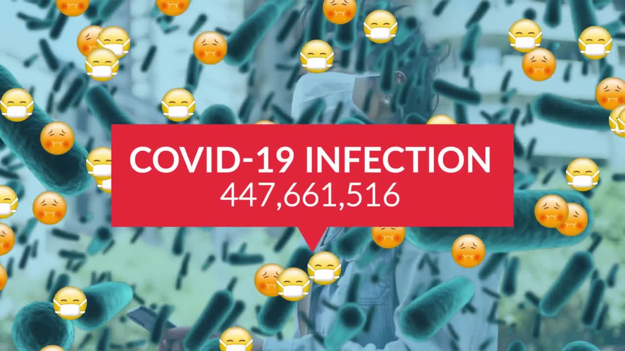 코로나 19 데이터 처리의 애니메이션은 얼굴 마스크와 함께 여러 병자 이모티콘을 통해 처리됩니다.