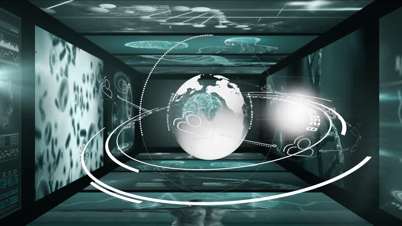 animación del globo y procesamiento de datos sobre fondo negro