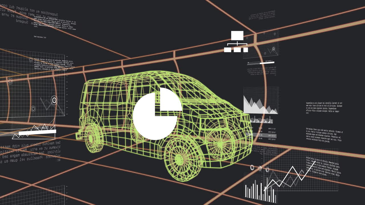 Neon green 3D wireframe SUV model floating within orange grid, showing pie chart and bar graph