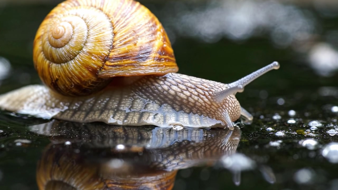 A Close-Up View of a Snail Gliding Over a Reflective Surface, Capturing the Intricate Patterns on Its Shell and the Tranquil Environment Surrounding It