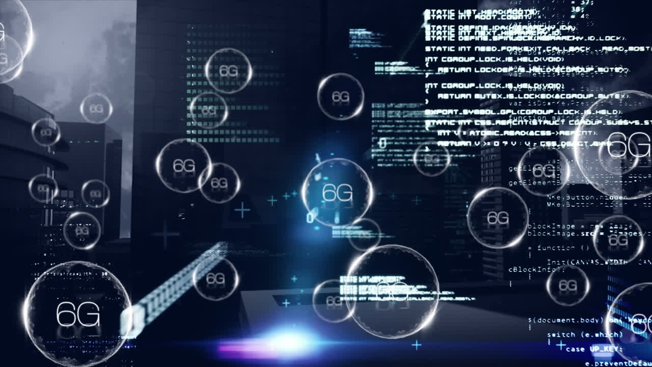 Animation of network of 6g text over data processing