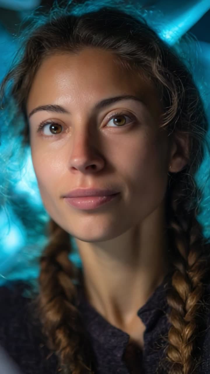 A Captivating Portrait of a Young Woman with Braided Hair, Illuminated by Soft Blue Light, Highlighting Her Natural Beauty and Expressive Eyes