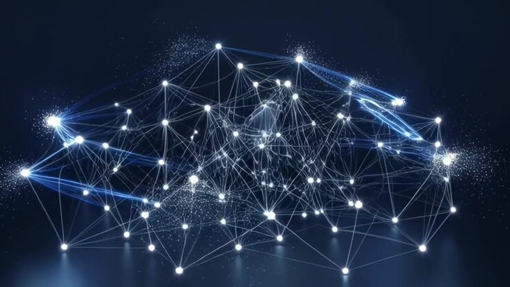 Abstract Digital Network Connection with Glowing Nodes and Data Streams