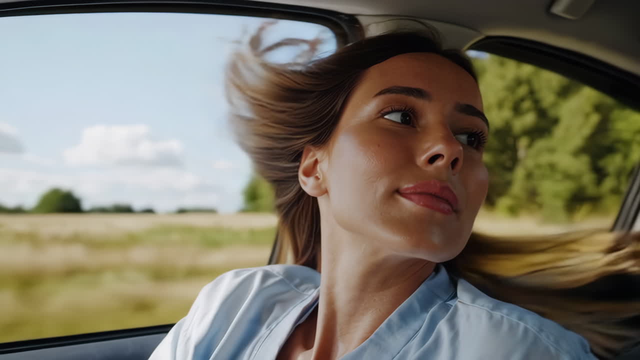 Mulher Desfrutando de um Passeio de Carro com o Cabelo ao Vento