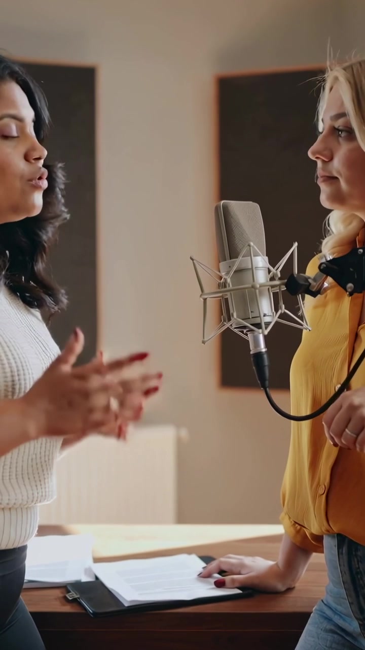 Video verticale: Cantante in maglia a sinistra che gesticola, inizia una prova in studio con una persona a destra in camicetta che tiene il microfono.