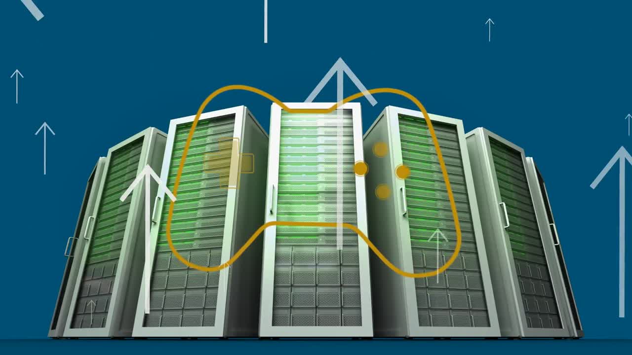 Animation of video game controller and upward arrows over computer servers