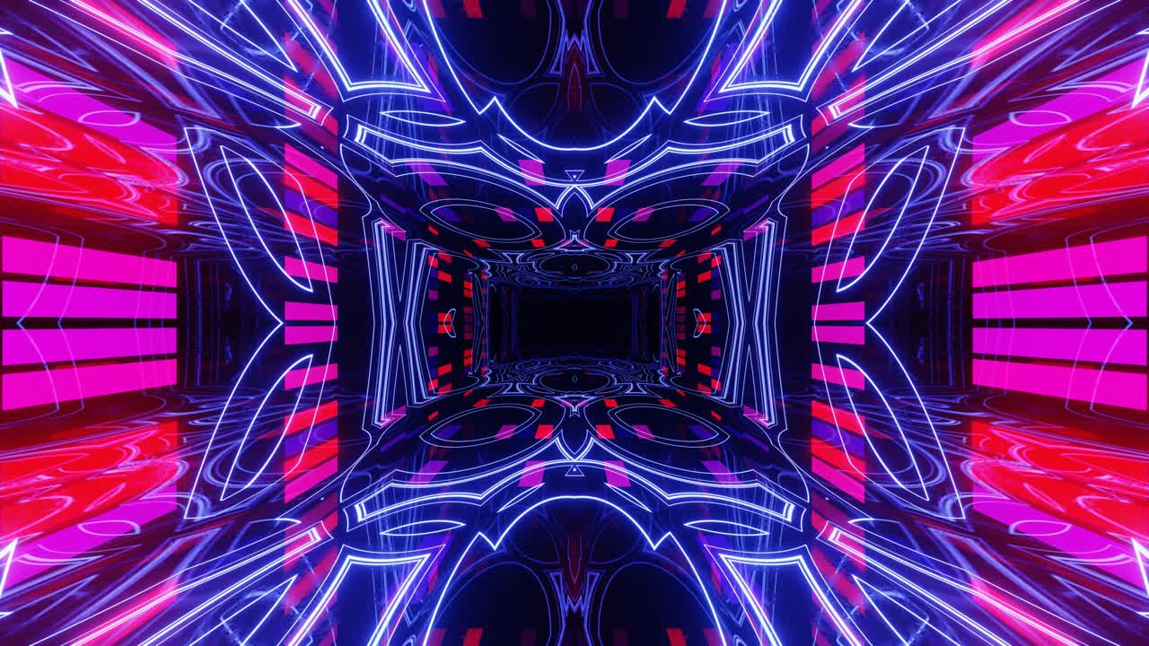 animación en bucle sin costuras de 4k. vuela a través de un túnel simétrico de espejo con patrón de neón, patrón de brillo de ciencia ficción. luz de neón de reflexión brillante. fondo brillante simple, estructura de ciencia ficción